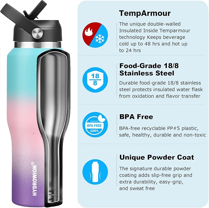 HYDROWION Stainless Steel Water Bottle, 32oz Wide Mouth Double Wall Vacuum Insulated Water Bottle with Straw Lid, Spout Lid and Flex Cap, Leakproof,Fit in Any Car Cup Holder, Mint&Pink&Purple