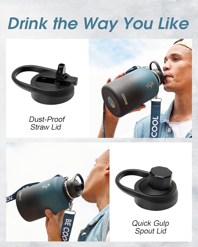 Coolflask Half Gallon Water Bottle Insulated Stainless Steel with Strap | 64 oz Large Water Jug with Straw & Spout Lids,Triple-Wall, Cold 48+h,Dishwasher Safe, Leakproof, BPA-Free,for Gym & Hiking