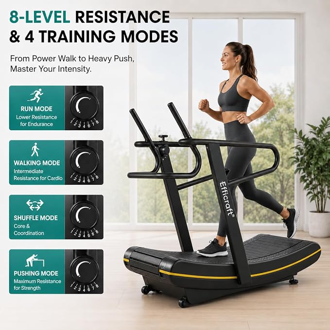 Curved Manual Treadmill, Non Electric Treadmill with 8 Resistance Levels | Self-powered curved treadmill with 8 resistance levels, LED display, rubber belt, phone holder, and transport wheels.