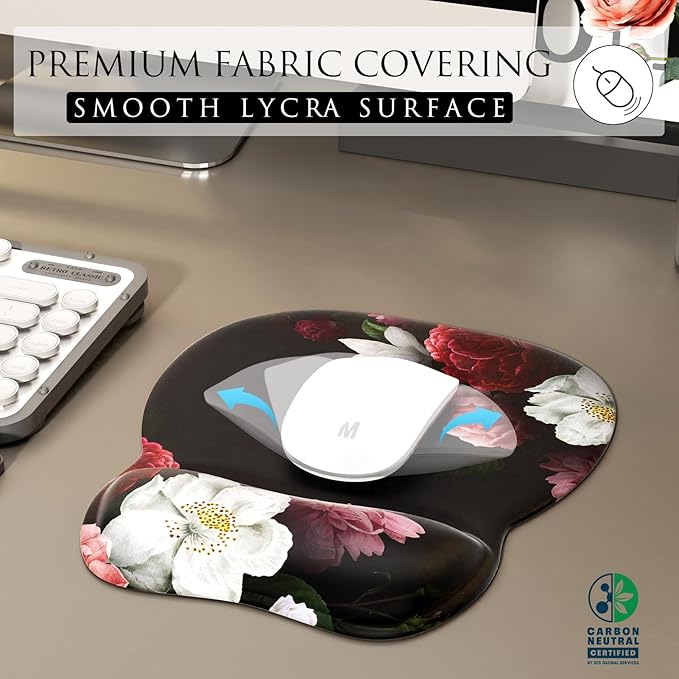 MROCO Ergonomic Mouse Pad with Gel Wrist Rest, 9.4 x 8.1 in, Black Flower | Ergonomic Shape Design, Multiple Pattern Options, Gel Wrist Comfort, Smooth Lycra Surface, Non-Slip PU Base