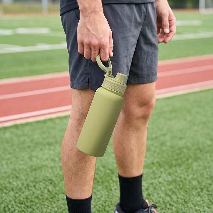 Green Insulated 32 oz Metal Leakproof Water Bottle | Mens Stainless Steel Water Flask, Large Sports Travel Water Bottle for Gym,Hiking,1 liters Thermal Bottle with 2 Lids