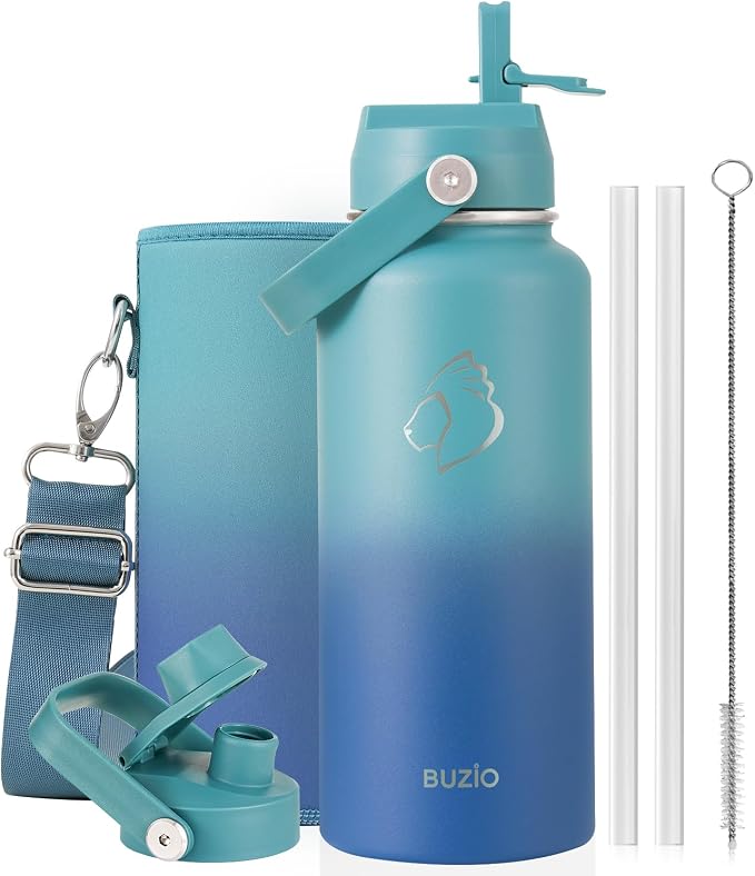 BUZIO 32 oz Water Bottle Insulated, Leakproof Stainless Steel Flask (Cold for 48 Hrs), Wide Mouth BPA-Free Metal Thermo Hydro Canteen with 2 Lids, Gradient Cyan