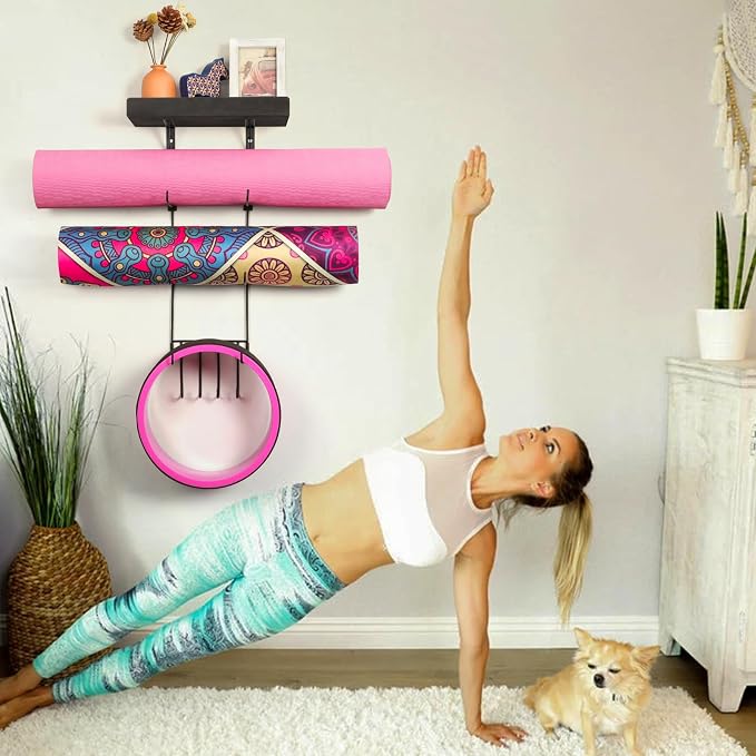 Bikoney Yoga Mat Holder Wall Mount Yoga Mat Storage Home Gym Accessories with Wood Floating Shelves and 4 Hooks for Hanging Foam Roller and Resistance Bands at Fitness Class or Home Gym Vintage Black