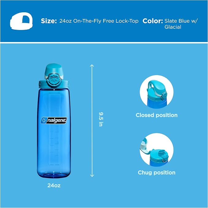 Nalgene 24 oz On The Fly Lock-Top Water Bottle, Slate Blue w/Glacial | Easy Chug Cap with Locking Lid, Cup Holder Size, BPA-Free, Durable & Leak Proof, Slim Travel Bottle for School & Sports