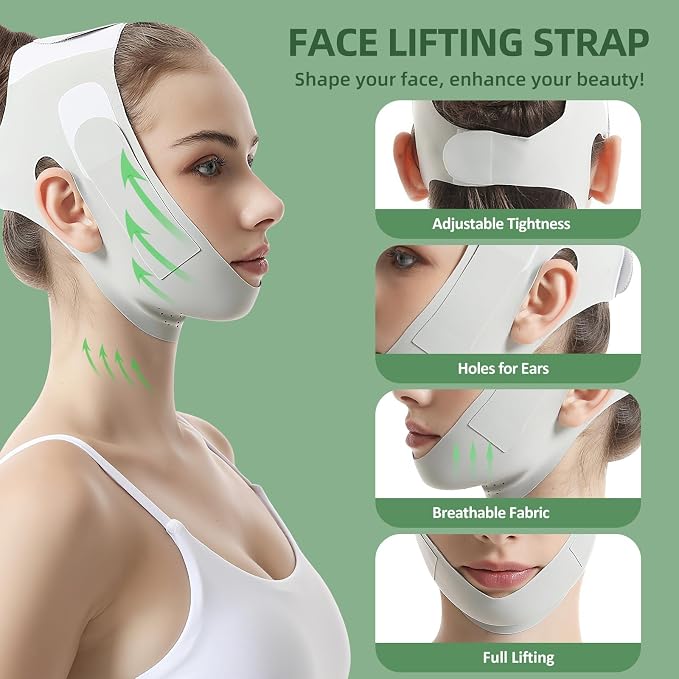 Reusable Facial Lifting Belt, V Line Lifting Mask with Chin Strap for Sleeping, Jaw Exerciser V-Shaped Double Chin Reduce (Green)