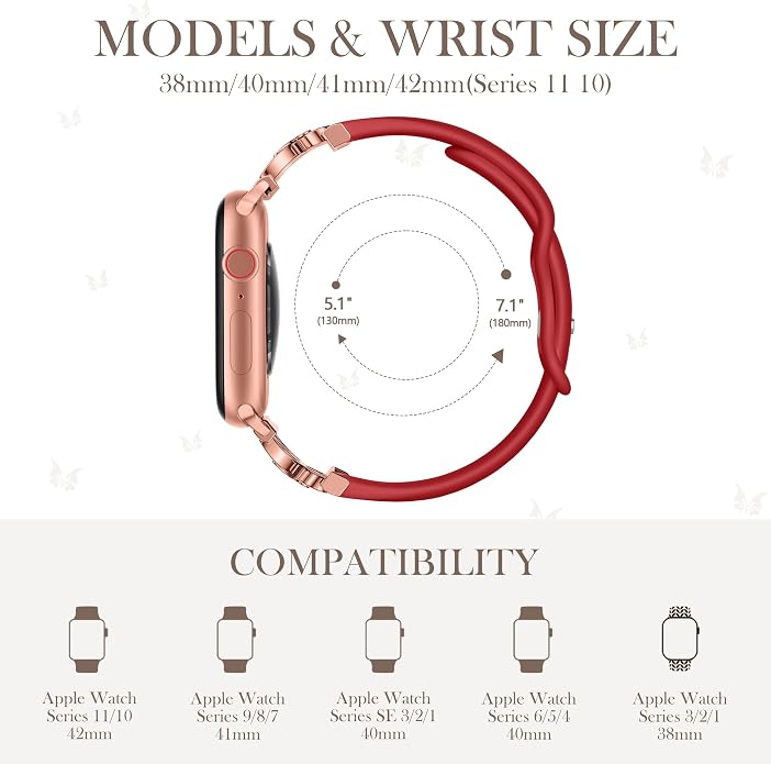Lerobo Slim Silicone Band Compatible with Apple Watch Bands for Women | Dressy Metal Butterfly 16mm Thin Strap for iWatch Series 11 10 9 8 7 6 5 4 SE Ultra 38mm 40mm 41mm 42mm 44mm 45mm 46mm 49mm