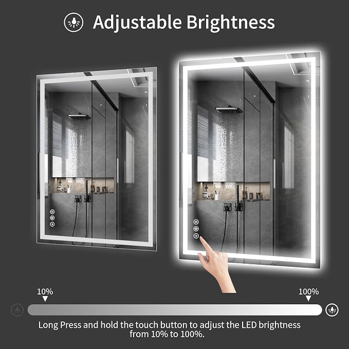 Koonmi 40x28 LED Bathroom Mirror with Light, Anti-Fog, 3 Colors | Backlit + Front Lit, Dimmable Brightness, Shatterproof HD Distortion-Free Tempered Glass, Hardware Included