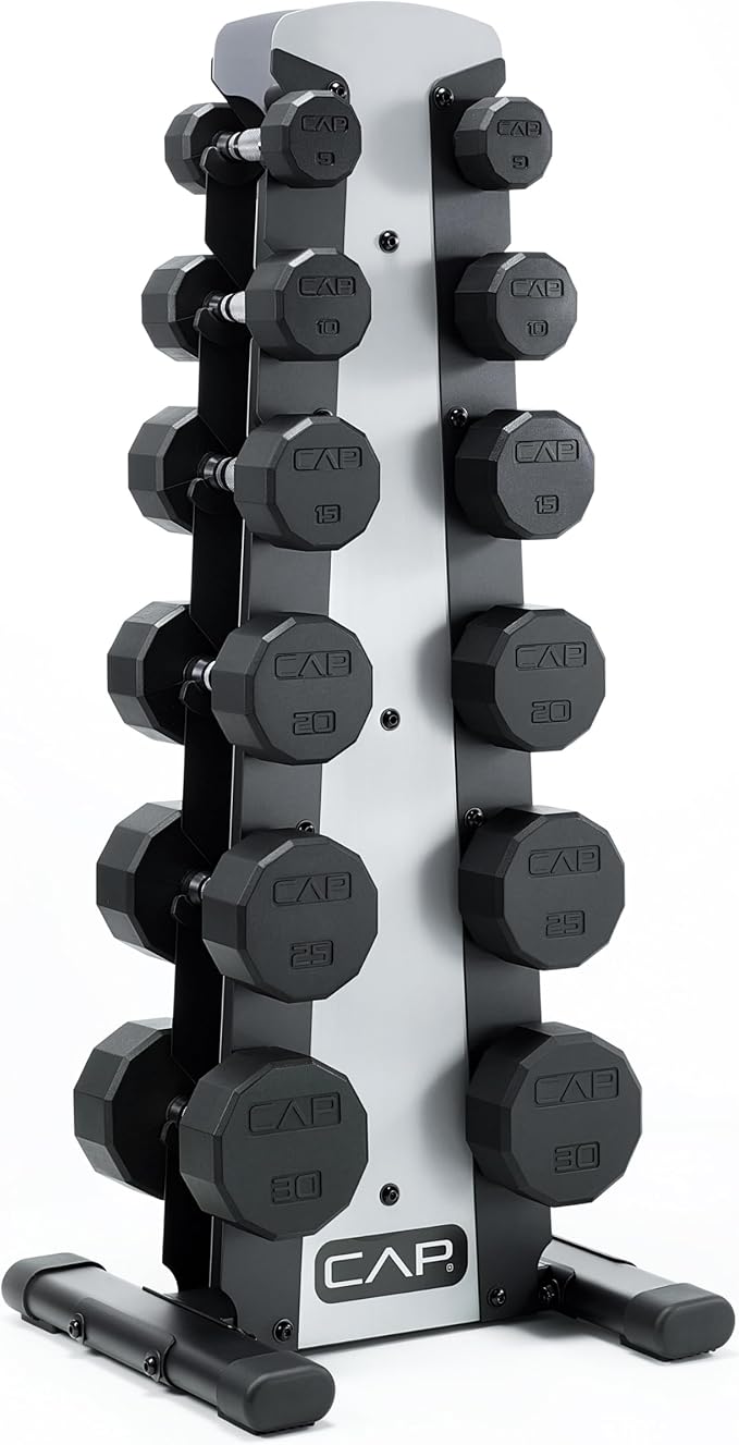 CAP Rubber Coated Hex Dumbbell Set with Storage Rack | 100–210 lb Options, Space-Saving Vertical Compact Storage for Home Gym Strength Training