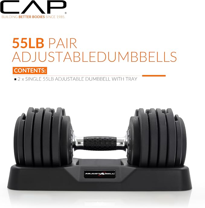 CAP ADJUSTABELL Adjustable Dumbbell Set, Premium Quick Select Adjustable Weights for Strength Training, Singles & Pairs, 12.5 LB, 25 LB & 55 LB, Round & Hex Dumbbells, Multiple Grip Handle Options
