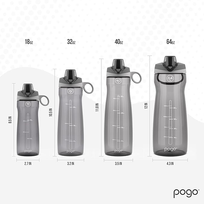 Pogo 64oz Plastic Water Bottle with Chug Lid and Carry Loop, Gray | Leakproof water bottle with chug lid and capacity markings. BPA-free, great for travel, school, outdoors, and gym.