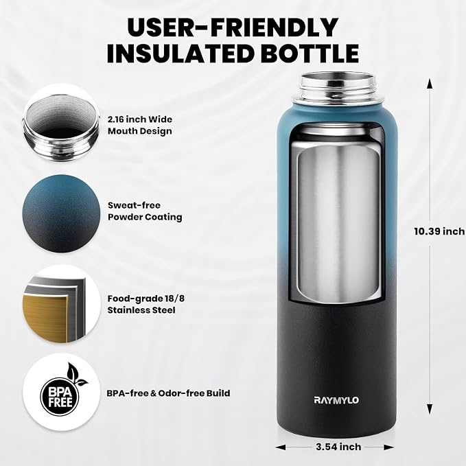 RAYMYLO Insulated Water Bottle 40 oz, Triple Wall Vacuum Stainless Steel (Cold for 36Hrs, Hot for 18Hrs), Leak Proof & Non-BPA, Modern Water Flask Jug with Paracord Handle & Straw Spout Lids | (Cold for 36Hrs, Hot for 18Hrs), Leak Proof & Non-BPA, Mode...