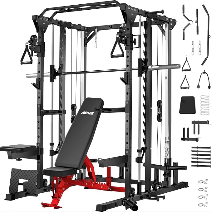JEEKEE Power Cage with Cable Crossover System, 2000LB Multi-Function Power Rack with Independent Dual Pulleys, LAT Pulldown Seat Cushion, 20+ Attachments Squat Rack for Home Gym Workout,Black