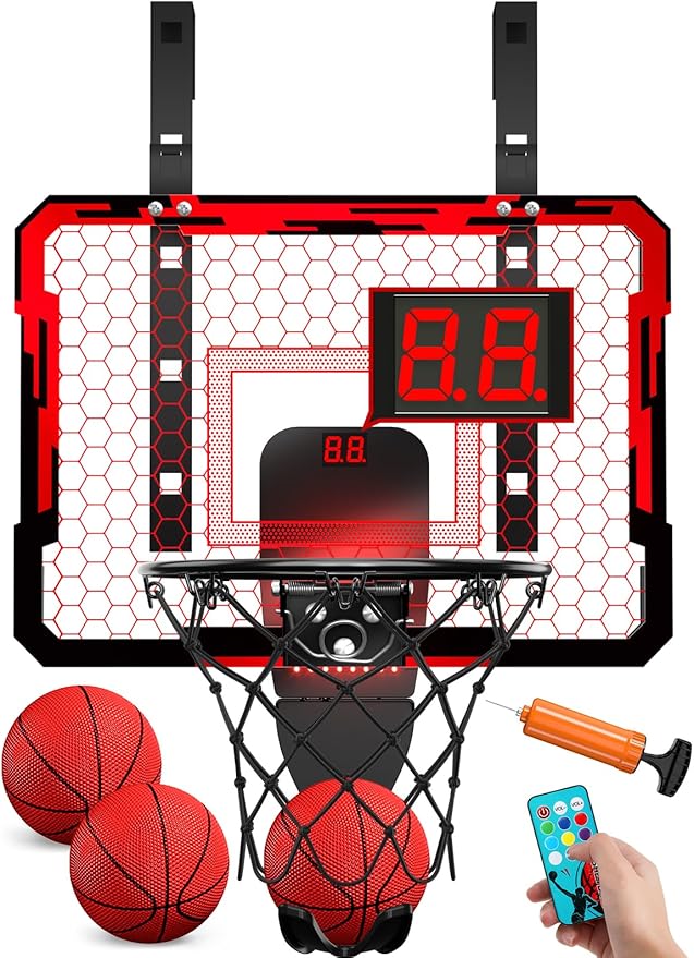 QDRAGON Mini Basketball Hoop with Scoreboard & 7 LED Lighting | Over The Door Indoor, with 3 Balls/Inflator/Breakaway Rim, Basketball Toy Gifts for Kids Adults, Suit for Bedroom/Office