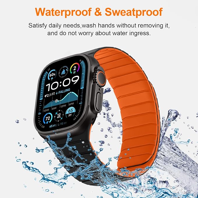 Tasikar Magnetic Bands Compatible with Apple Watch 42mm(Series 11/Series 10) 41mm 40mm 38mm Soft Silicone Replacement Loop Wristband for iWatch SE Series 11 10 9 8 7 6 5 4 3, Black-Orange