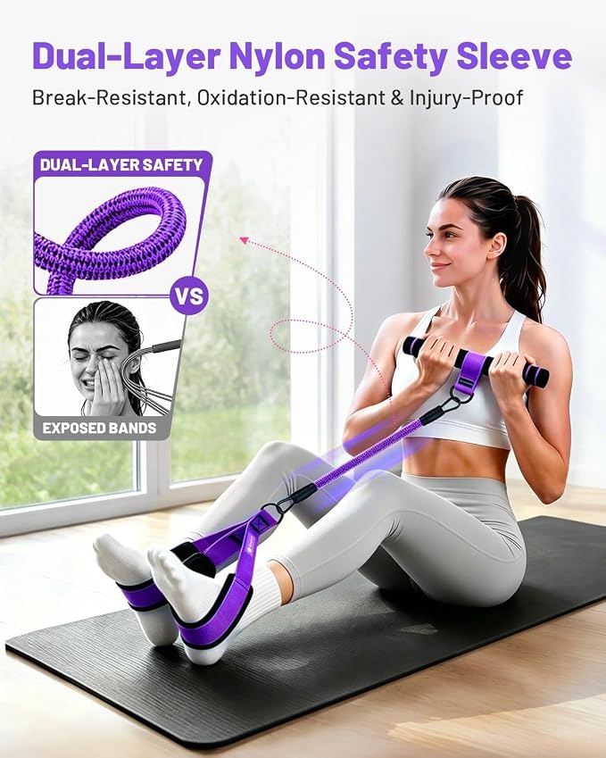 Multifunction Pedal Resistance Band with Handle, 4 Tubes 30/40/50LB Adjustable Foot Pedal Puller Resistance Band with Foam Handle& Storage for Men Women Core, Arm, Legs, Body Workout Home Gym, Purple