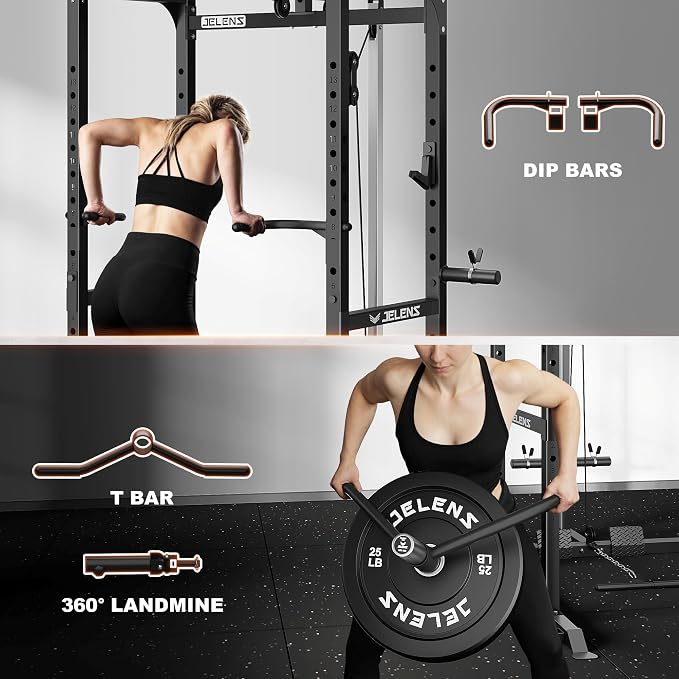 JELENS S21 Power Cage, Multi-Function Power Rack with Adjustable Cable Crossover System, 2000LBS Squat Rack for Home Gym with More Training Attachments