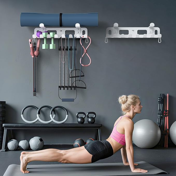 KHAMAL Multi-Purpose Gym Equipment Storage Rack for Resistance Bands - Gym Wall Storage for Exercise Bands, Yoga mat, Jump Ropes, Weight Belts, Straps, Hula Hoop (Black White)