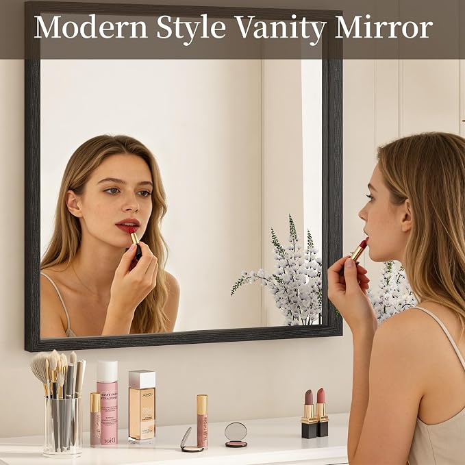 Syndra Square Black Wood Frame Bathroom Mirror, 32''x32'' Modern Vanity Mirror for Wall, Waterproof Slim Deep Frame, HD Tempered Glass Mirror for Living Room, Bedroom, Entryway, Rustic, Farmhouse