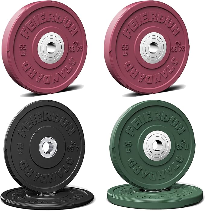 FEIERDUN Color Bumper Plate Set, 2-Inch Olympic Weight Plates, Low Bounce Rubber Barbell Plates with Stainless Steel Insert for Weightlifting, Strength Training, CrossFit & Home Gym, 10LB-370LB