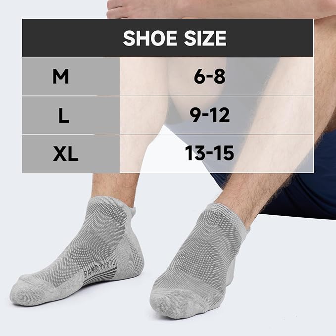 BAMBOO COOL Men's Ankle Socks Moisture Wicking Breathable Odor Control Athletic Cushioned Running Socks Arch Support 8 Pack