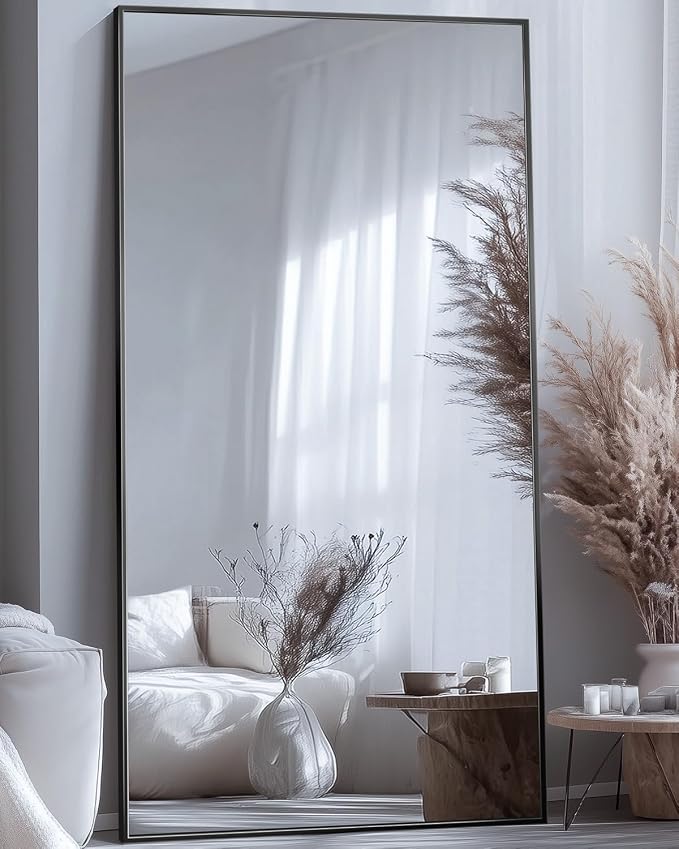Antok Full Length Mirror, 46"x90" Floor Mirror with Stand, Hanging Mounted Mirrors for Bedroom, Living Room, Cloakroom, Dining Room, Black, Rect