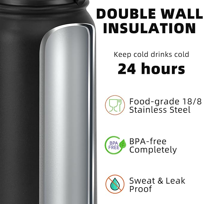 Fanhaw 24 oz Insulated Stainless Steel Water Bottle with Anti-Dust Chug Lid, Leakproof Vacuum Metal Everyday Use Bottle for Kids, Teens & Adults, Back to School Essentials (Black)