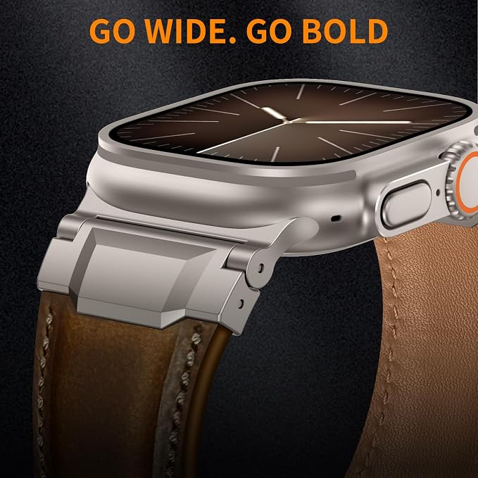 Bands Compatible with Apple Watch Ultra 3/2/1 Band 49/46/45/44mm | Genuine Leather Metal Connector Strap for iWatch Ultra Series 11/10/9/8/7/SE/6/5/4/3/2/1, Retro Walnut/Titanium