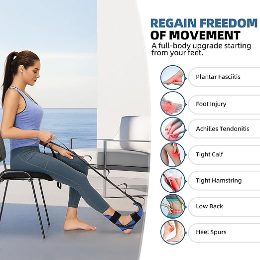 comness Foot and Calf Stretcher-Stretching Strap For Plantar Fasciitis, Heel Spurs, Foot Drop, Achilles Tendonitis & Hamstring. Yoga Foot & Leg Stretch Strap. (Blue)