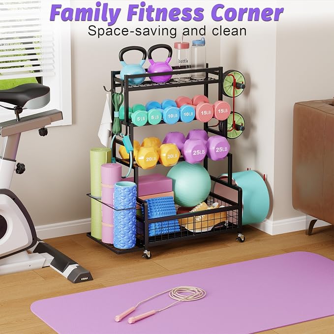 Dumbbell Rack for Home Gym, 490 lbs Weight Storage Rack with Wheels & Hooks | Heavy-Duty 490 lbs Weight Capacity,Easy Mobility with Locking Wheels,All-in-One Fitness Equipment Storage