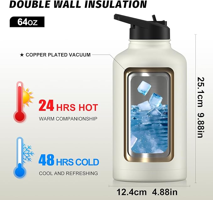 64oz Insulated Water Bottle (Cold for 48 Hrs),BPA Free&Leak Proof,Half Gallon Stainless Steel Water Flask,Water Jug with Straw Spout Lids for Gym,Hiking,Camping,White