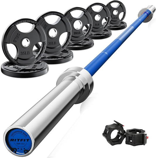 RitFit Barbell Weight Set - 4/6FT Olympic Barbell with Weight Plates (55-115LB Total) - Weightlifting Equipment for Squats, Curls, Deadlifts, Presses, Hip Thrusts
