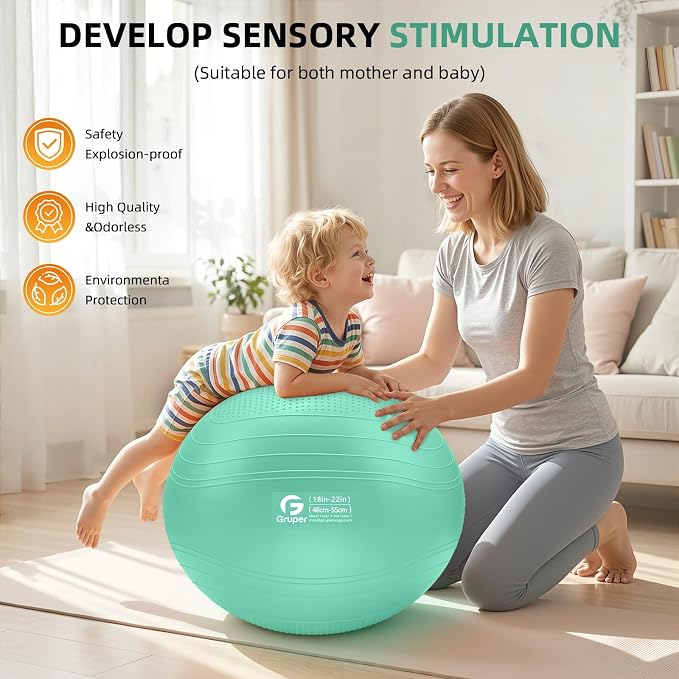 Gruper Yoga Ball, Extra Thick Non Slip Exercise Ball for Workout, Yoga, Pregnancy, 4 Sizes Anti Burst Chair for Home and Office, Includes Foot Pump & Fitness Guide