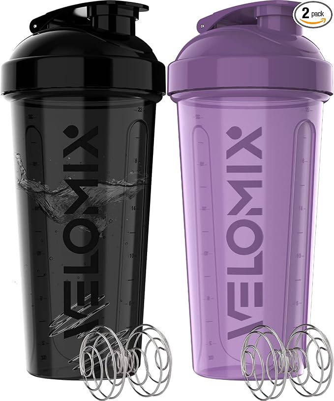 VELOMIX 2 Pack 28oz Protein Shaker Bottle for Protein Mixes, Purple/Black | 2x Wire Whisk, Leak Proof Shaker Cups for Protein Shakes, Stackable, Dishwasher safe, BPA free, Pre Workout and Fitness ready