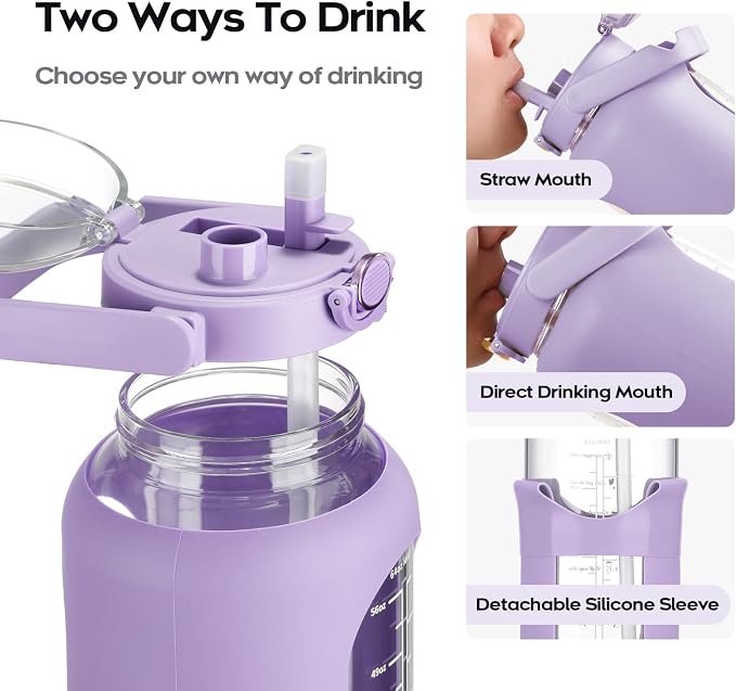 chunmo 74 oz Glass Water Bolttles with Straw Large Motivational Water Bottle with Time Marker Sports Water Bottles with Silicone Sleeve and Handle Lid 2.2L Water Jug for Gym Workout