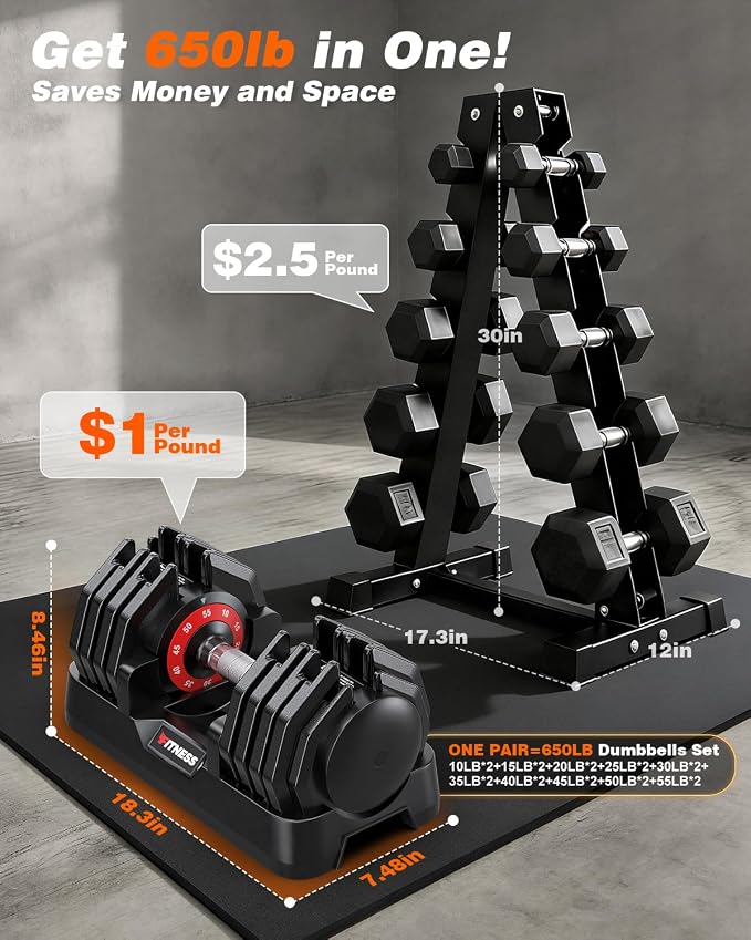 Rendpas Adjustable Dumbbell Set for Home Gym Strength Training | 25/55/80LB Pair, 10-in-1/16-in-1 Weight Set, 1-Sec Quick Adjust, Non-Slip Knurled Grip, Dual-Lock Safety, Space-Saving Tray