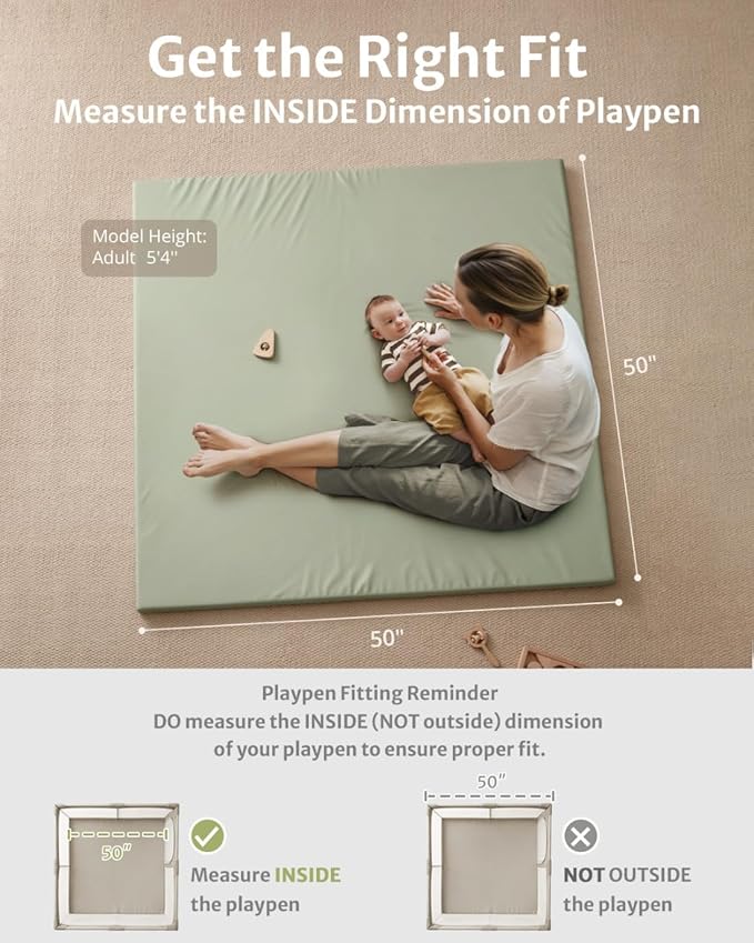 Blissful Diary Vegan Leather Baby Play Mat, 50''x50'', Light Green | thick cushion, safe and soft fabric, waterproof and wip clean, indoor use, non-slip bottom, stylish mordern decor