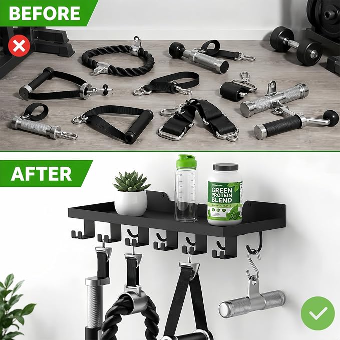 16.9x6 Inch Metal Shelf Compatible with Tonal Accessories, Floating Shelf Organizer for Home Gym Storage, 5 T-Lock Adapters Bracket Hanger, Gym Rack Wall Mounted with Hooks, Black Workout Holder