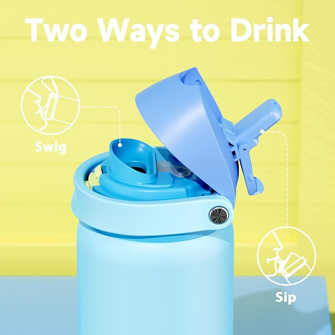 32 oz Insulated Water Bottle for Men: Meoky Stainless Steel Water Bottle with 2-in-1 Straw and Spout Lid - Leak Proof, Cold for 24 Hours, Protective Silicone Base, BPA-Free for Sports Gym, Azure