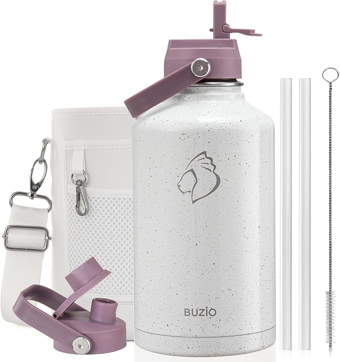 BUZIO 64oz Insulated Water Bottle with Straw Lid and Spout Cap, Stainless Steel Powder-Coat Water Flask, Keep Beverage Cold for 48 Hrs Hot for 24 Hrs Simple Thermo Canteen Mug, Starry Violet