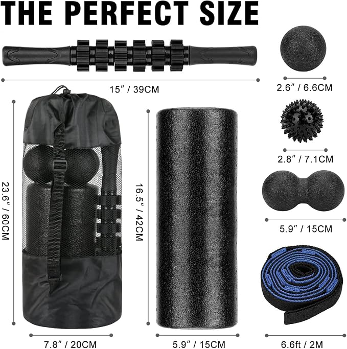 Foam Roller Set - High Density Back Roller, Muscle Roller Stick | Foot Fasciitis Ball, Stretching Strap, Massager Ball for Whole Body Physical Therapy & Exercise, Back Pain, Leg, Deep Tissue