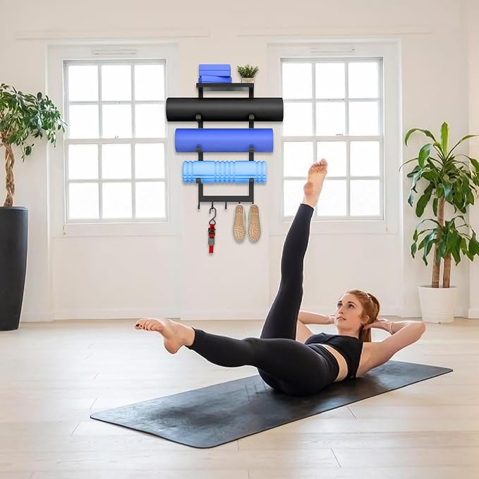 LSK Yoga Mat Holder Wall Mount, 4-Tiers Yoga Mats Storage, Black | Home Gym Storage Rack with Floating Shelf for Storing Fitness, Yoga Rollers, 5 Hooks for Skipping-Rope, Small Gym Equipment