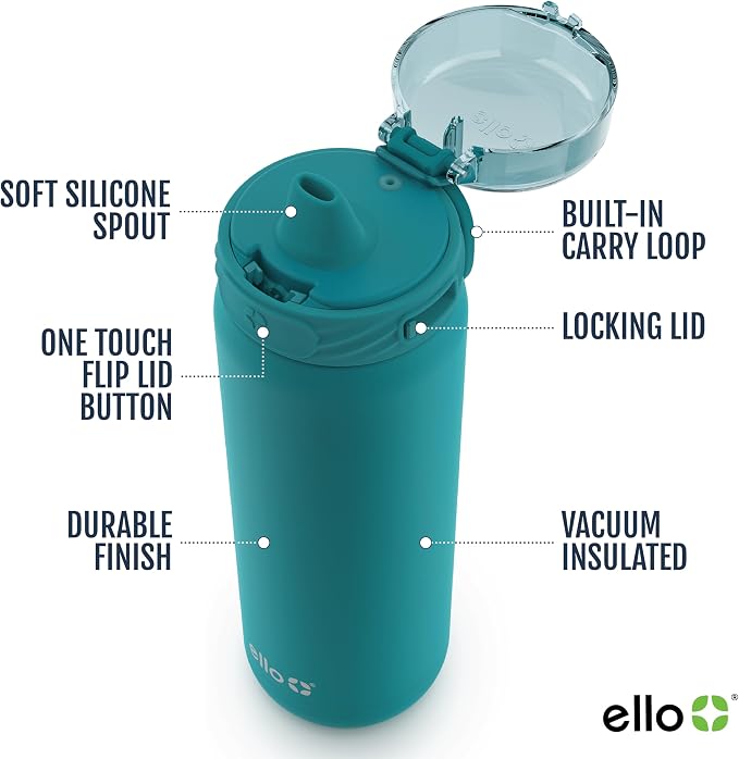 Ello Cooper 32oz Insulated Stainless Steel Water Bottle with Straw, Antigua | Leakproof water bottle with straw and carry handle. BPA-free, keeps drinks cold 32 hours, great for gym, travel, and school.