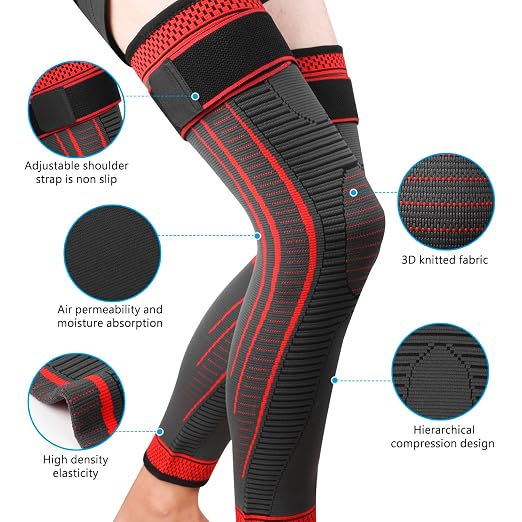 Full Leg Compression Sleeves 2 Pack anti Sliping Ventilation Long Knee Support with Wraps for Men and Women Long Knee Compression Sleeve for ACJ, PCL, Meniscus Tear, Arthritis (L, Red)