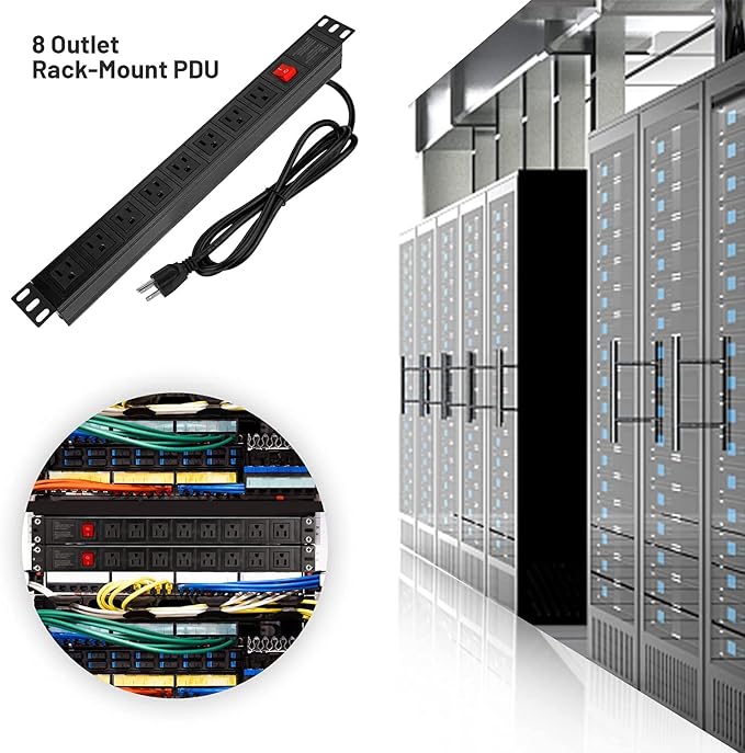 BTU Power Strip Surge Protector Rack-Mount PDU, 8 Right Angle Outlets Wide-Spaced, Mountable Power Strip Heavy Duty for Server Racks, Commercial, 300J (Black 10FT)