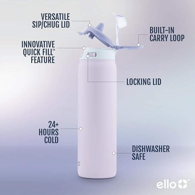Ello Pop & Fill Insulated Stainless Steel Water Bottle with Quick Fill Lid, Leakproof Locking, Sip or Chug Spout, BPA-Free, Double Wall Vacuum Insulated for Sports, Travel & School- 22oz / 32oz / 40oz