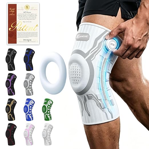 Kuangmi Knob Knee Brace for Pain Relief, Knee Support with Patella Gel Pad & Side Stabilizers, Compression Knee Sleeve for Workout, Arthritis, Joint Pain, Meniscus Tear (White,Left,Large,Single)