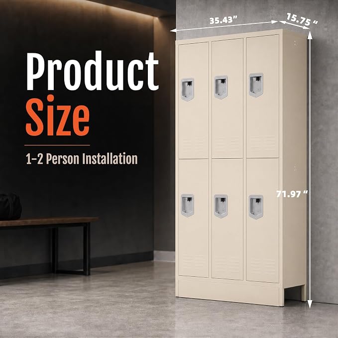 BUTISOW 72" 6 Door 16-Gauge Steel Employee Lockers, Lockable for Gym | Padlock Compatible, 6 Door, 12 Hanging Hooks, Ventilated, Adjustable Shelf, Powder Coated, Rust Resistant, 72 Inch Height