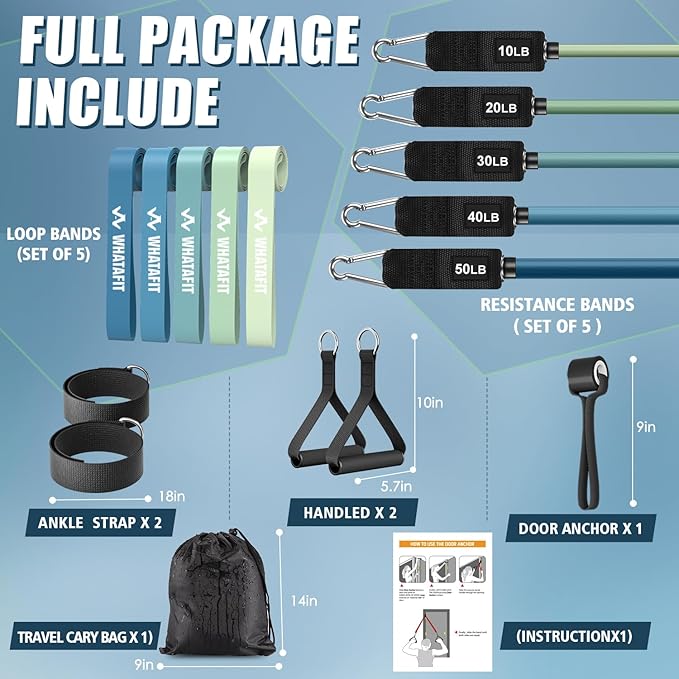 WHATAFIT Resistance Bands with Handles, 5-Level Exercise Bands for Workout | Natural latex,10-50 lbs, stackable to 150,Ankle Straps, Door Anchor,Guide. For Strength, Yoga,Home Gym,Travel & Workout.