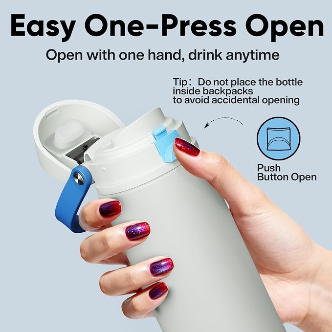 Insulated Water Bottle with Straw - Encool Stainless Steel Water Bottle with Push Button Lid, Leak-Proof & BPA-Free, Keeps Cold for 24 Hours for Sports, Travel, Gym (24 oz, Quill Grey-Blue)