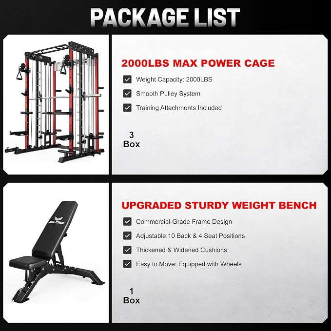 JELENS Smith Machine for Home Gym, Multi-Function M12 Power Cage with Cable Crossover System, Squat Rack with Smith Bar and More Attachment